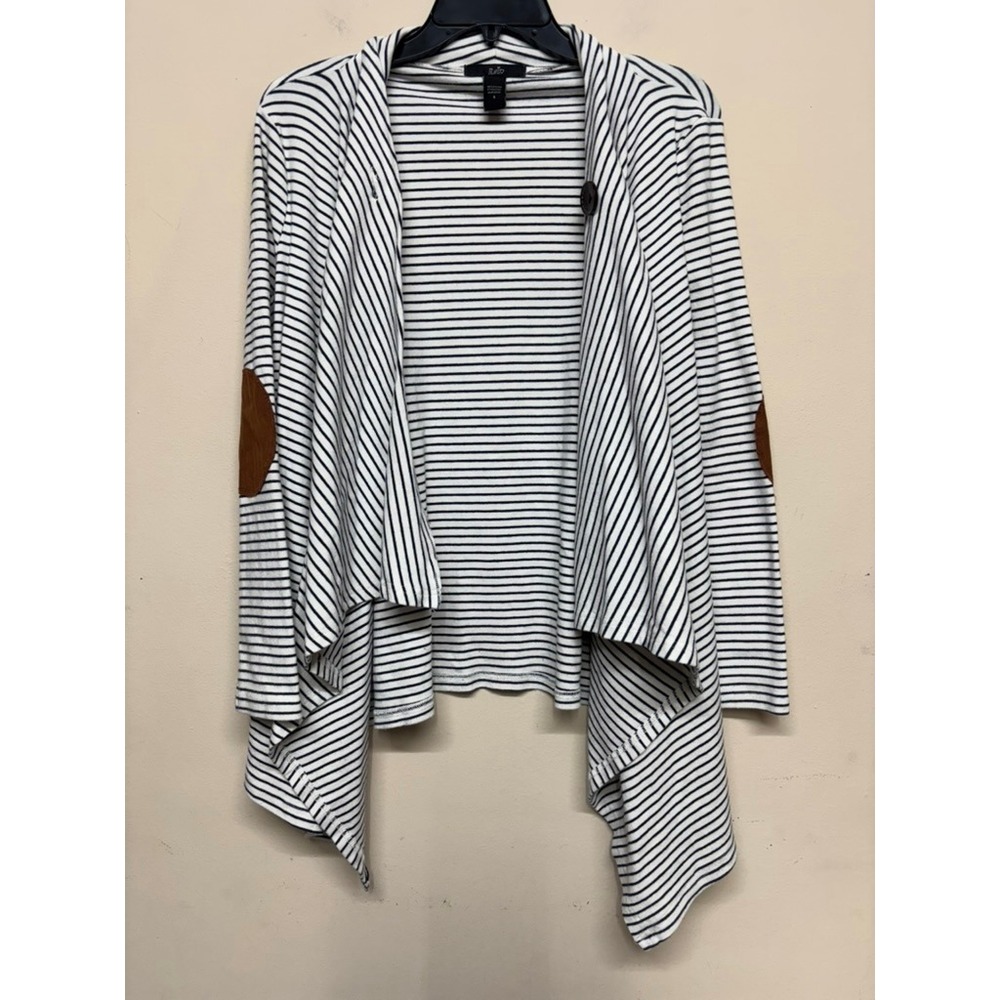 Rain Striped Drape Cardigan Womens Small Black‎ White Elbow Patch Open Front